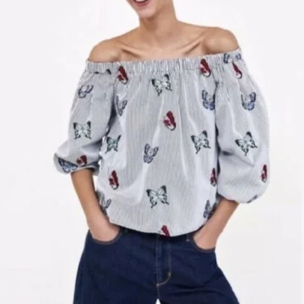 Zara embroidered butterfly striped puff sleeve top off shoulder size medium